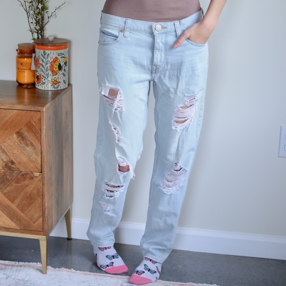 Express Distressed Girlfriend Jeans Mid Rise Light Wash 2